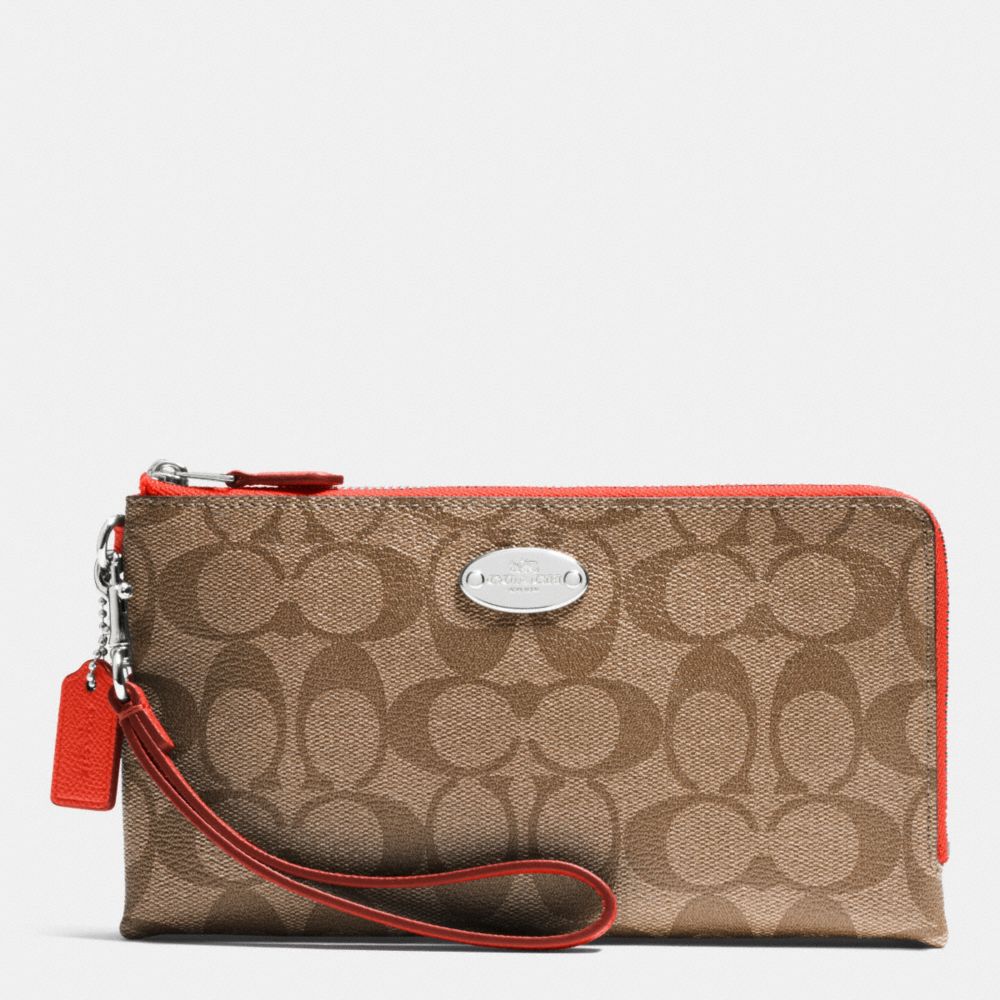 COACH F53563 Double Zip Wallet In Signature SILVER/KHAKI/ORANGE