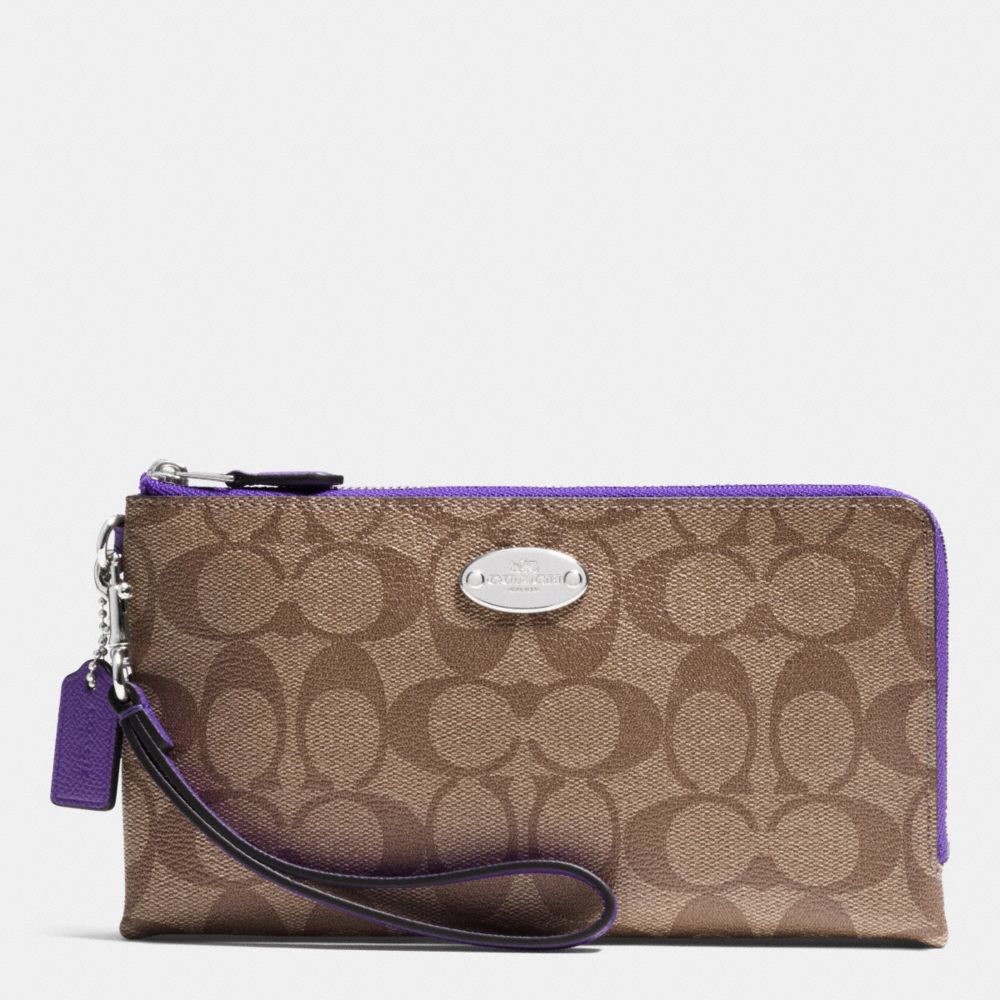 COACH F53563 DOUBLE ZIP WALLET IN SIGNATURE SILVER/KHAKI/PURPLE-IRIS