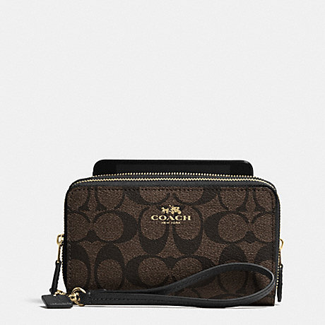 COACH DOUBLE ZIP PHONE WALLET IN SIGNATURE - LIGHT GOLD/BROWN/BLACK - f53564