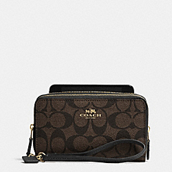 COACH DOUBLE ZIP PHONE WALLET IN SIGNATURE - LIGHT GOLD/BROWN/BLACK - F53564