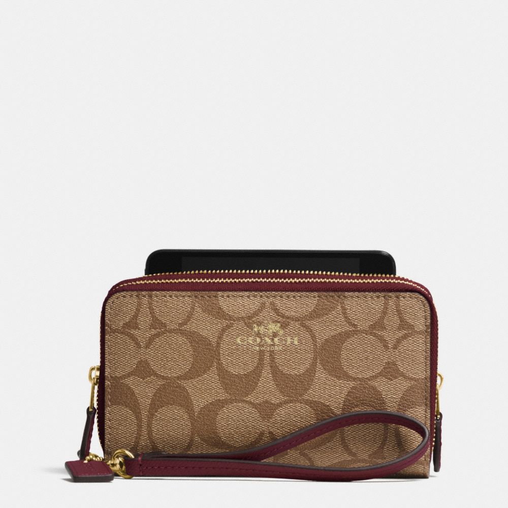 COACH f53564 DOUBLE ZIP PHONE WALLET IN SIGNATURE IMITATION GOLD/KHAKI/SHERRY