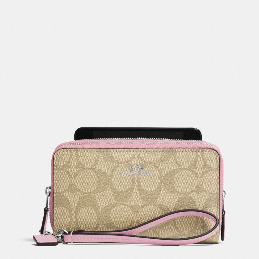 COACH DOUBLE ZIP PHONE WALLET IN SIGNATURE - SILVER/LIGHT KHAKI/PETAL - f53564