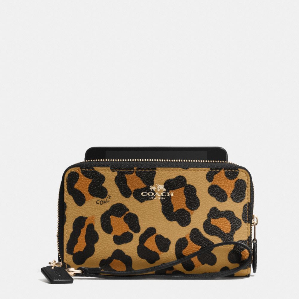 COACH F53565 Double Zip Phone Wallet In Ocelot Print Haircalf IMITATION GOLD/NEUTRAL