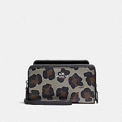 COACH F53565 - DOUBLE ZIP PHONE WALLET WITH OCELOT PRINT SILVER/GREY MULTI