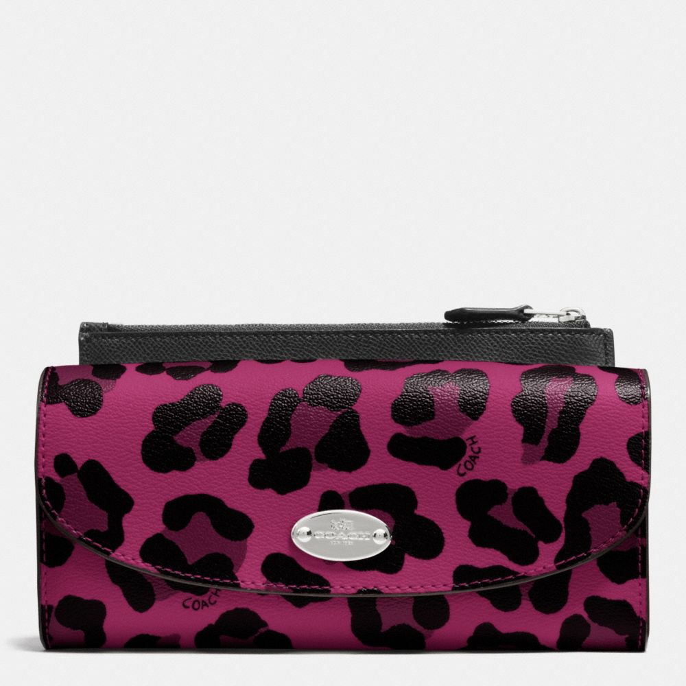 COACH POP SLIM ENVELOPE WALLET IN OCELOT PRINT COATED CANVAS - SILVER/CRANBERRY - f53566