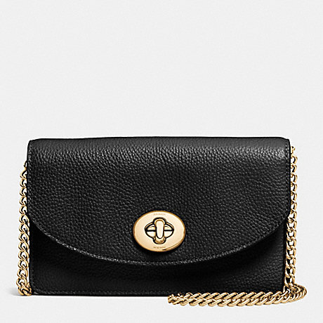 COACH CLUTCH CHAIN WALLET IN PEBBLE LEATHER - LIGHT GOLD/BLACK - f53578
