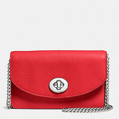 COACH F53578 CLUTCH CHAIN WALLET IN PEBBLE LEATHER SILVER/TRUE-RED