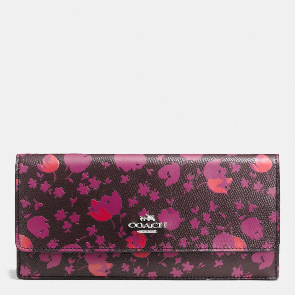 COACH f53587 SOFT WALLET IN FLORAL PRINT LEATHER SILVER/OXBLOOD PRAIRIE CALICO