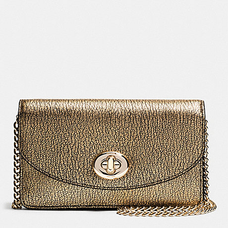 COACH f53589 CLUTCH CHAIN WALLET IN METALLIC PEBBLE LEATHER LIGHT GOLD/GOLD