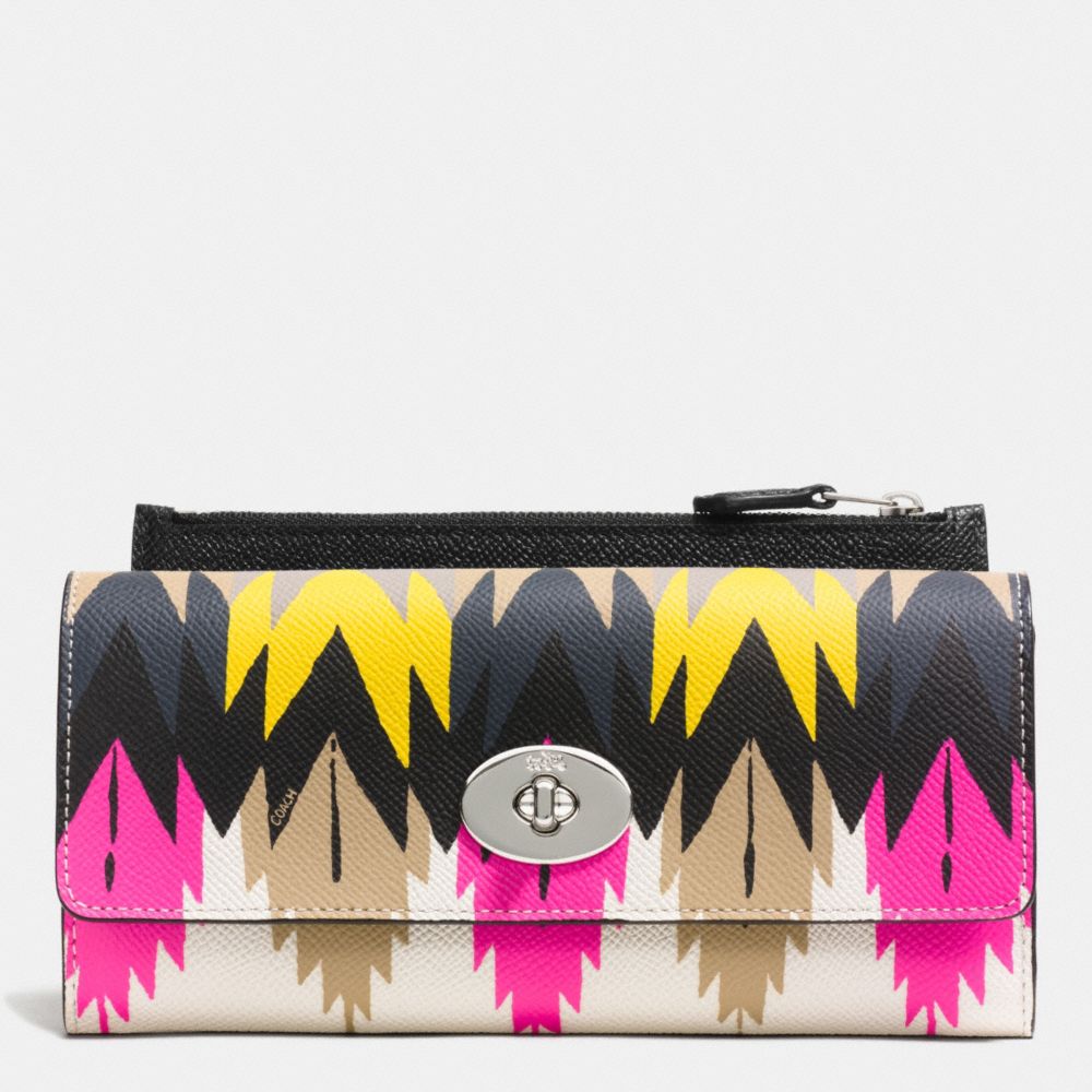SLIM ENVELOPE WALLET WITH POP-UP POUCH IN PRINTED CROSSGRAIN LEATHER - f53599 - SILVER/HAWK FEATHER