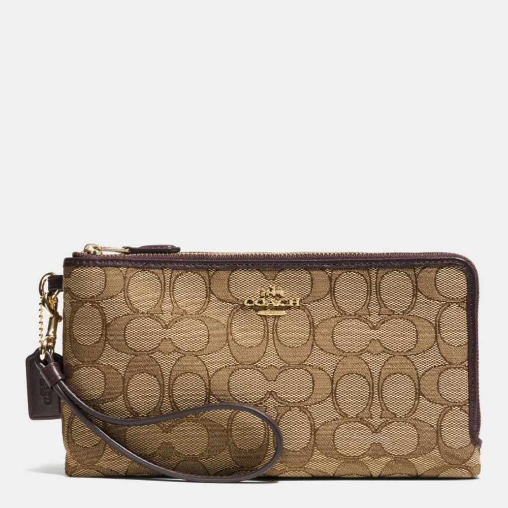 COACH F53610 Double Zip Wallet In Signature LIGHT GOLD/KHAKI/BROWN