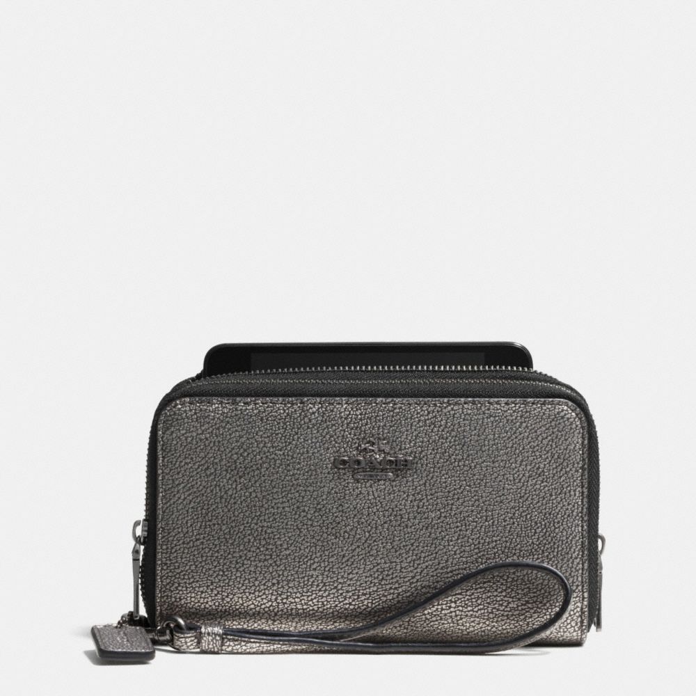 COACH DOUBLE ZIP PHONE WALLET IN METALLIC CAVIAR CALF LEATHER - ANTIQUE NICKEL/GUNMETAL - F53624