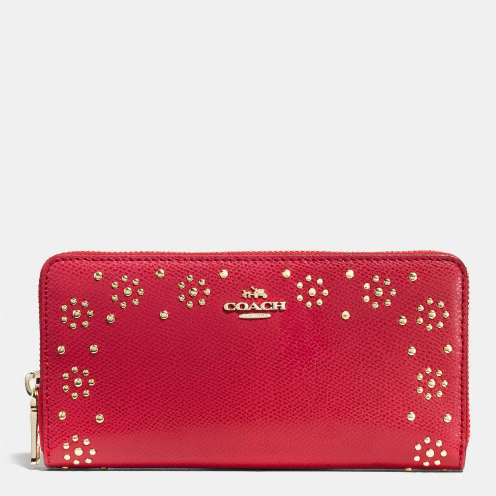 COACH F53636 BORDER STUD ACCORDION ZIP WALLET IN LEATHER IMITATION-GOLD/CLASSIC-RED