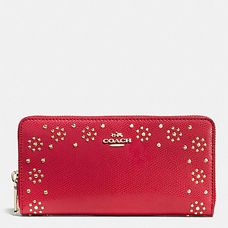 COACH f53636 BORDER STUD ACCORDION ZIP WALLET IN LEATHER IMITATION GOLD/CLASSIC RED
