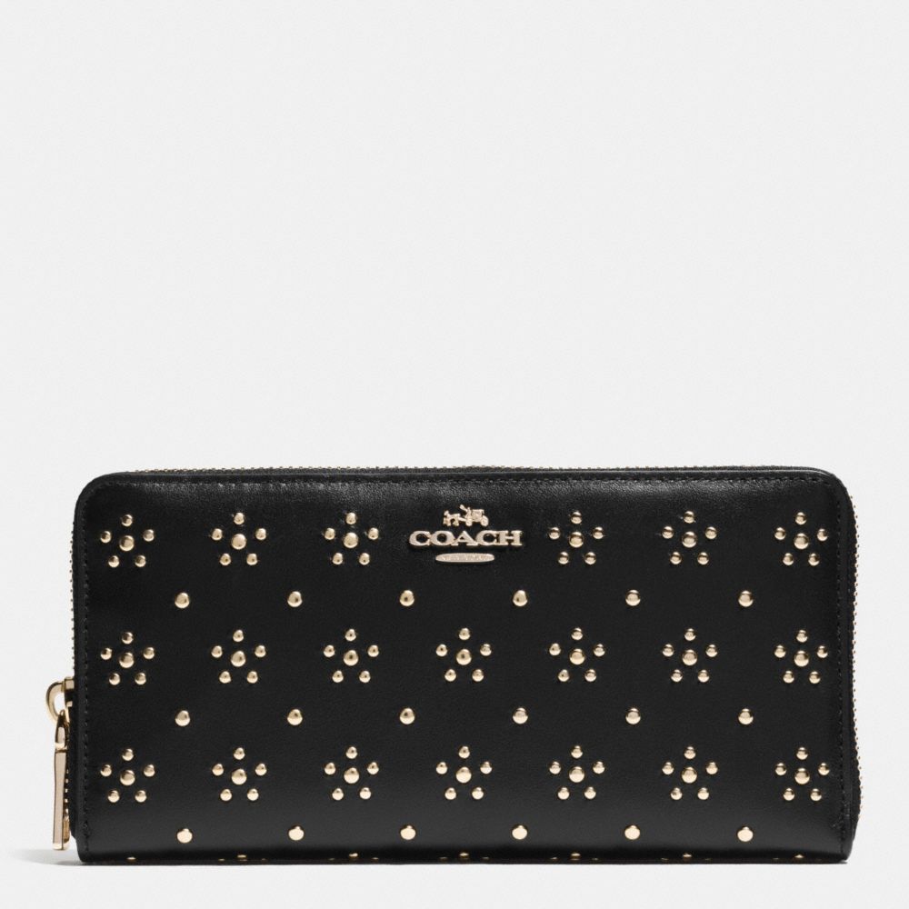 COACH f53638 ALL OVER STUD ACCORDION ZIP WALLET IN CALF LEATHER IMITATION GOLD/BLACK