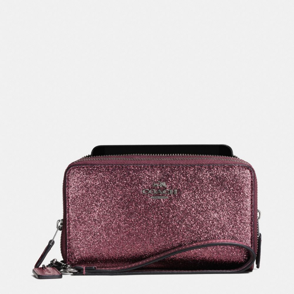 COACH f53646 DOUBLE ZIP PHONE WALLET IN GLITTER FABRIC ANTIQUE NICKEL/METALLIC CHERRY