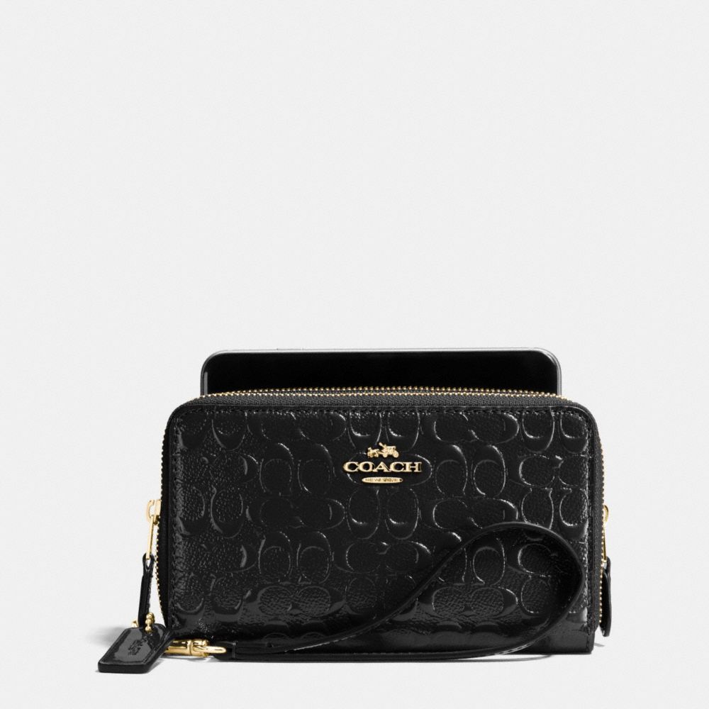 COACH DOUBLE ZIP PHONE WALLET IN SIGNATURE DEBOSSED PATENT LEATHER - IMITATION GOLD/BLACK - F53647