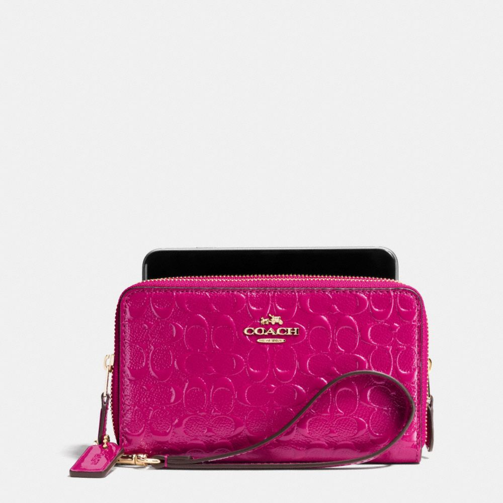 COACH F53647 Double Zip Phone Wallet In Signature Debossed Patent Leather IMITATION GOLD/CRANBERRY