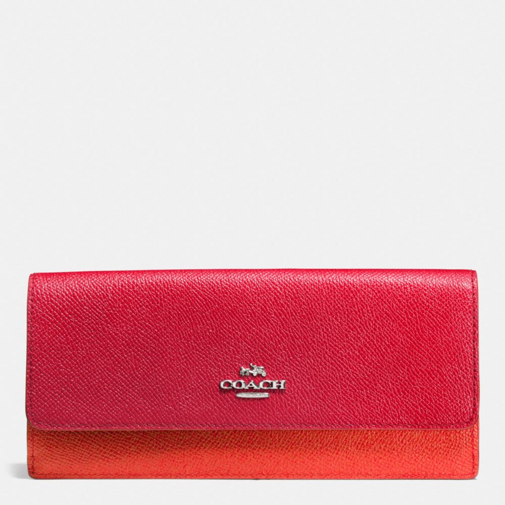 COACH f53652 SOFT WALLET IN COLORBLOCK LEATHER SILVER/TRUE RED/ORANGE