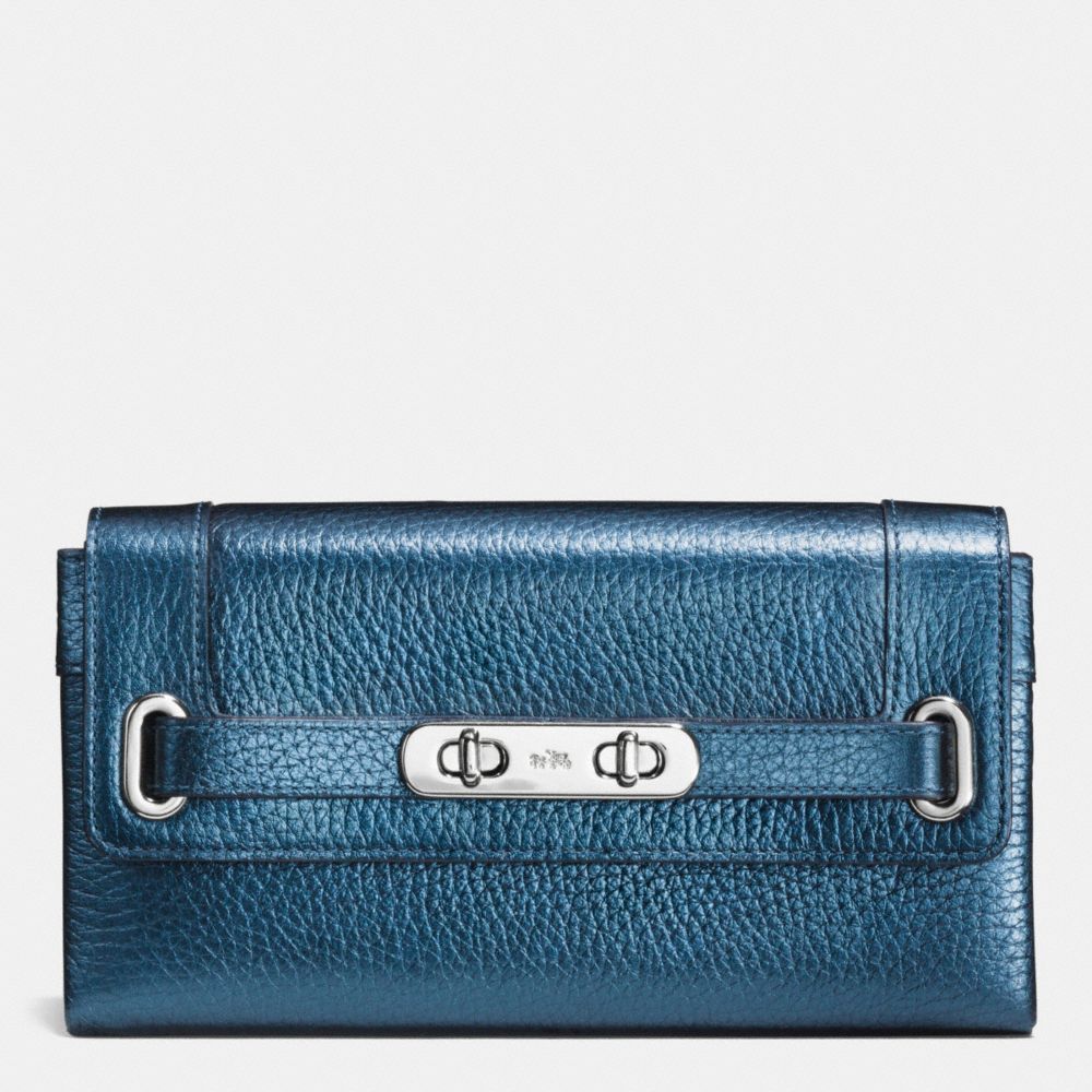 COACH f53682 COACH SWAGGER WALLET IN METALLIC PEBBLE LEATHER SILVER/METALLIC BLUE