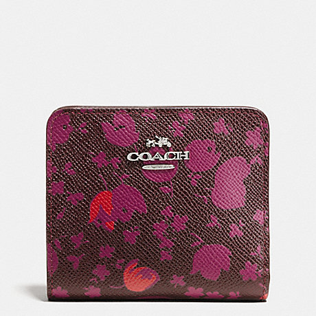 COACH f53703 SMALL WALLET IN FLORAL PRINT LEATHER SILVER/OXBLOOD PRAIRIE CALICO