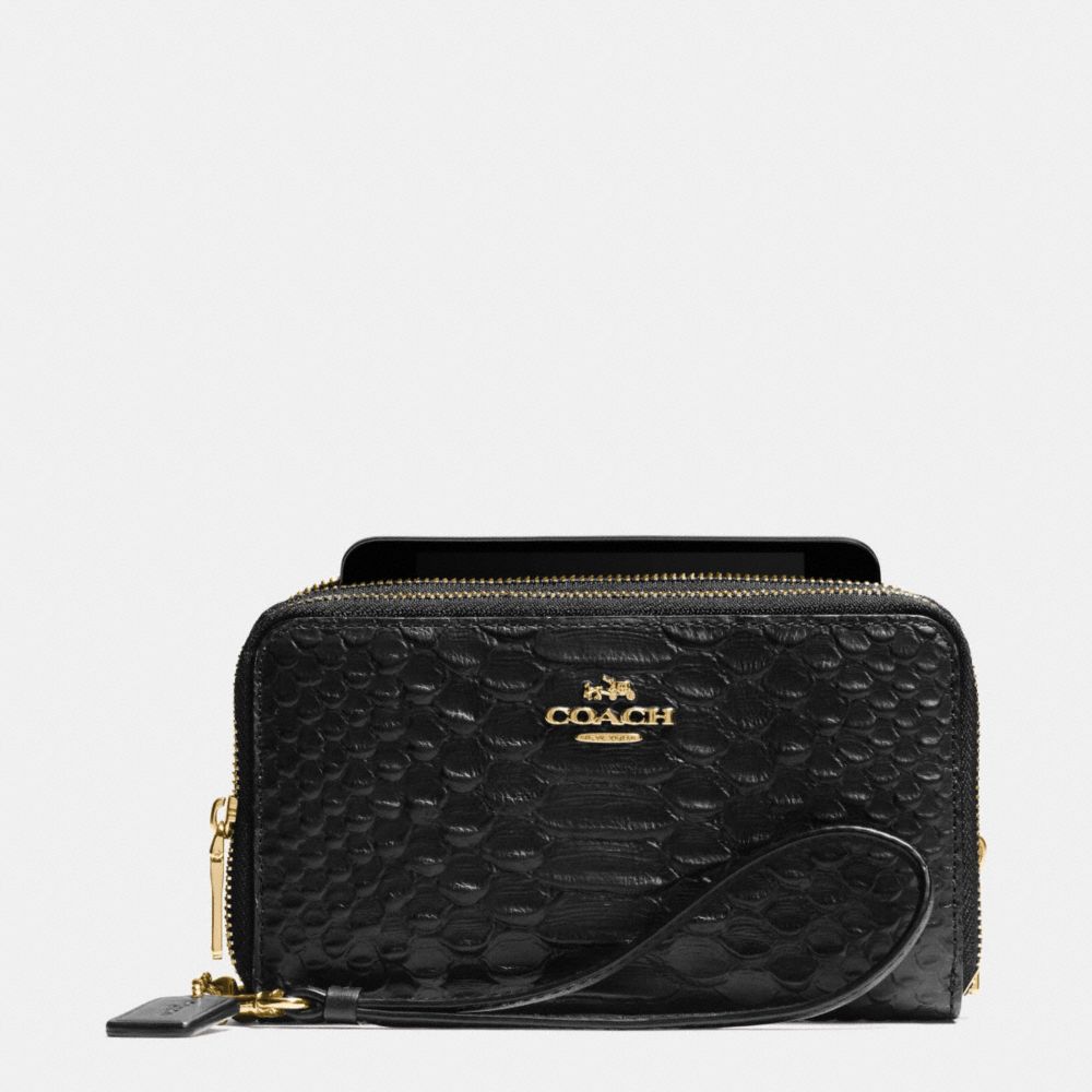 COACH F53733 Double Zip Phone Wallet In Snake Embossed Leather LIGHT GOLD/BLACK