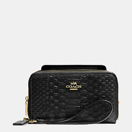 COACH F53733 DOUBLE ZIP PHONE WALLET IN SNAKE EMBOSSED LEATHER LIGHT-GOLD/BLACK