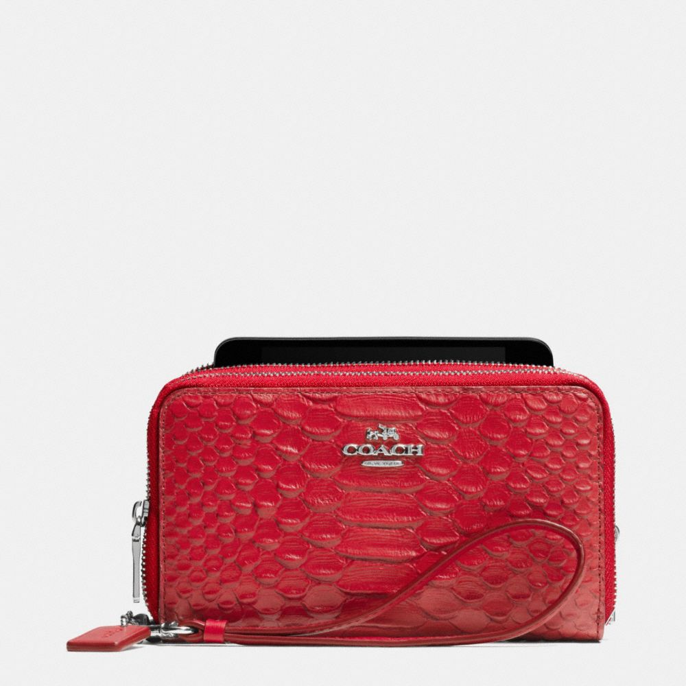 COACH F53733 Double Zip Phone Wallet In Snake Embossed Leather SILVER/TRUE RED