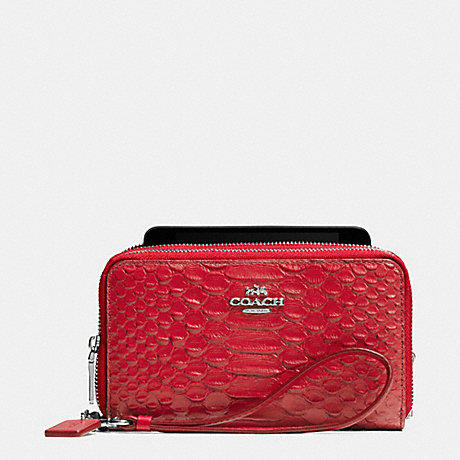 COACH f53733 DOUBLE ZIP PHONE WALLET IN SNAKE EMBOSSED LEATHER SILVER/TRUE RED