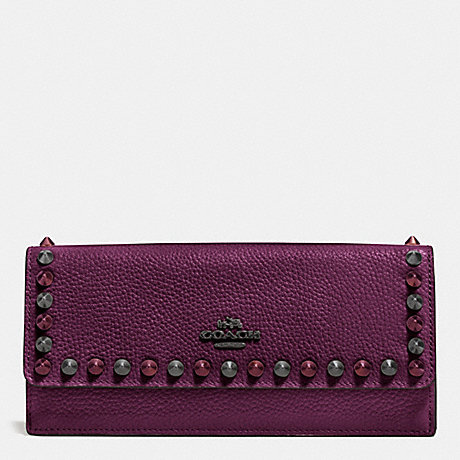 COACH f53761 OUTLINE STUDS SOFT WALLET IN PEBBLE LEATHER BLACK ANTIQUE NICKEL/PLUM