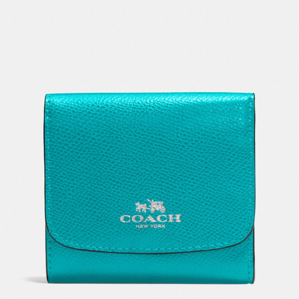 COACH F53768 Small Wallet In Crossgrain Leather SILVER/TURQUOISE