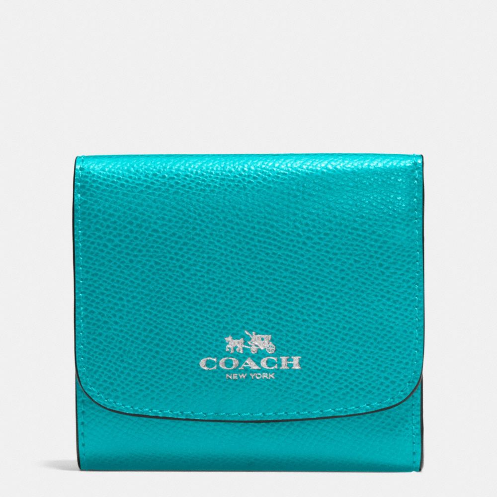 COACH F53768 SMALL WALLET IN CROSSGRAIN LEATHER SILVER/TURQUOISE