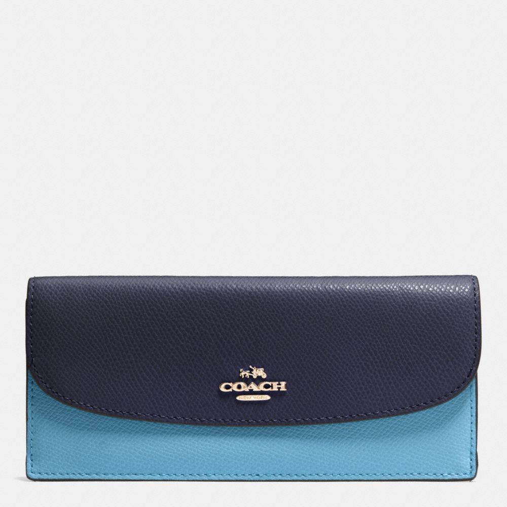 COACH f53777 SOFT WALLET IN COLORBLOCK CROSSGRAIN LEATHER IMITATION GOLD/MIDNIGHT/GREY BIRCH