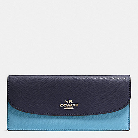 COACH f53777 SOFT WALLET IN COLORBLOCK CROSSGRAIN LEATHER IMITATION GOLD/MIDNIGHT/GREY BIRCH