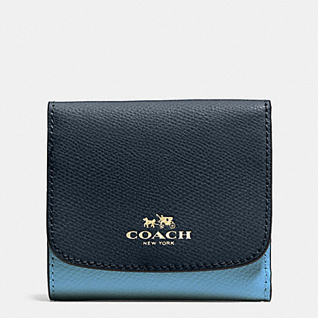 COACH f53779 SMALL WALLET IN COLORBLOCK CROSSGRAIN LEATHER IMITATION GOLD/MIDNIGHT/GREY BIRCH