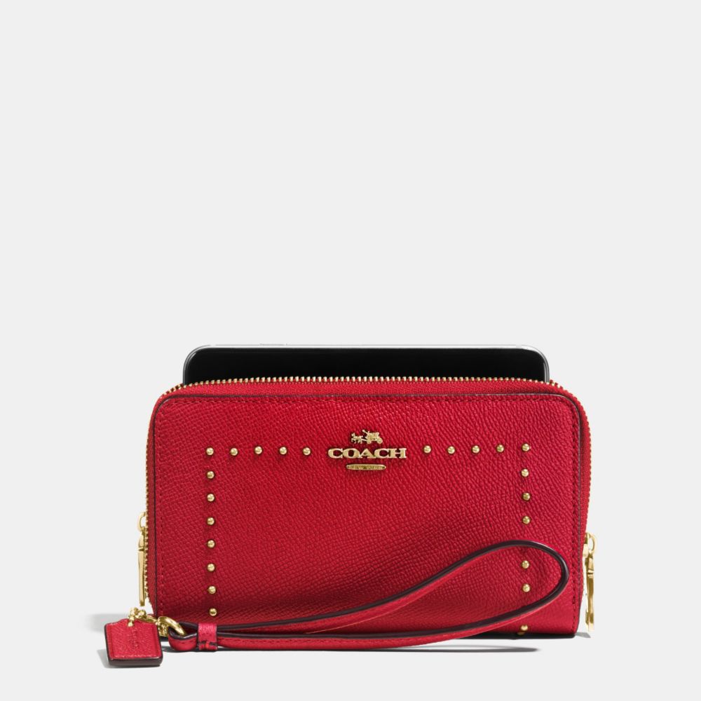 COACH F53812 Edge Studs Double Zip Phone Wallet In Crossgrain Leather LIGHT GOLD/TRUE RED