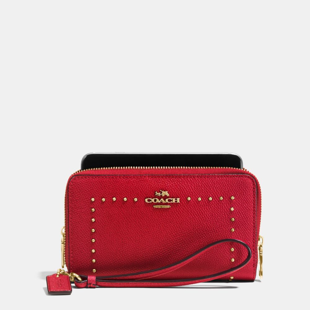 COACH f53812 EDGE STUDS DOUBLE ZIP PHONE WALLET IN CROSSGRAIN LEATHER LIGHT GOLD/TRUE RED