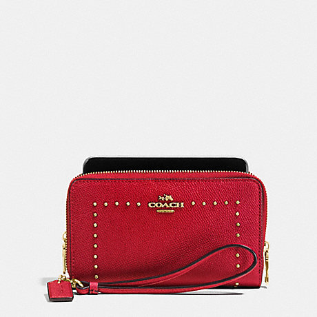 COACH EDGE STUDS DOUBLE ZIP PHONE WALLET IN CROSSGRAIN LEATHER - LIGHT GOLD/TRUE RED - f53812