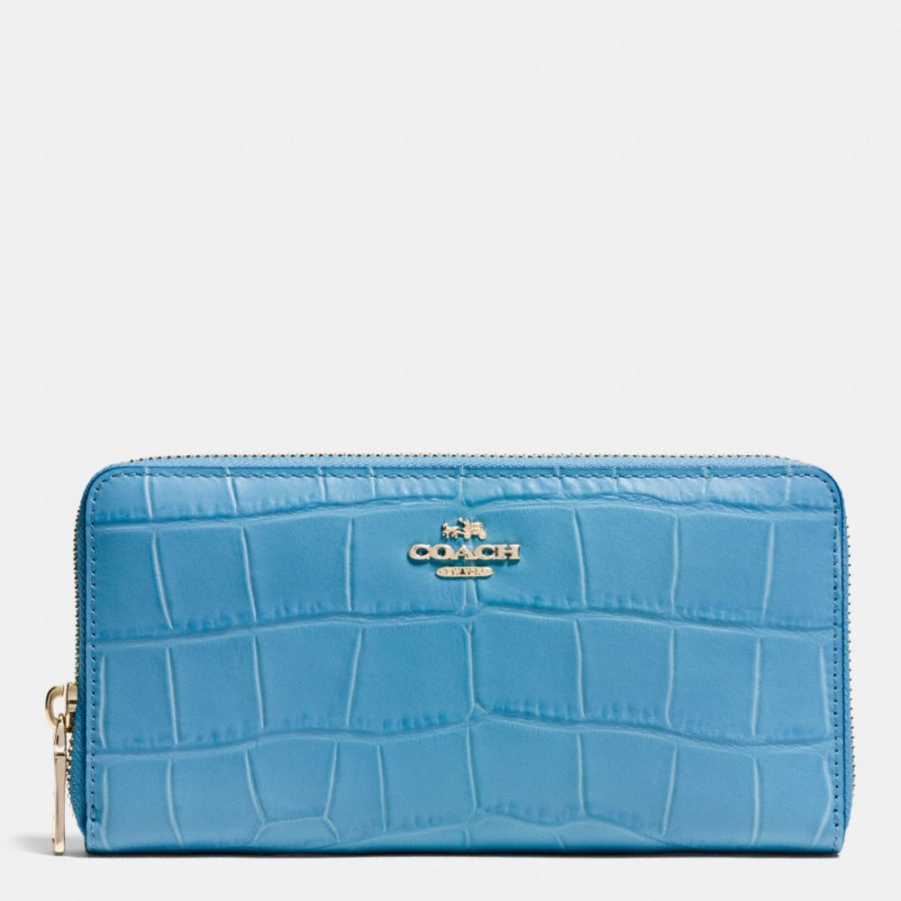 COACH f53836 ACCORDION ZIP WALLET IN CROC EMBOSSED LEATHER IMITATION GOLD/BLUEJAY