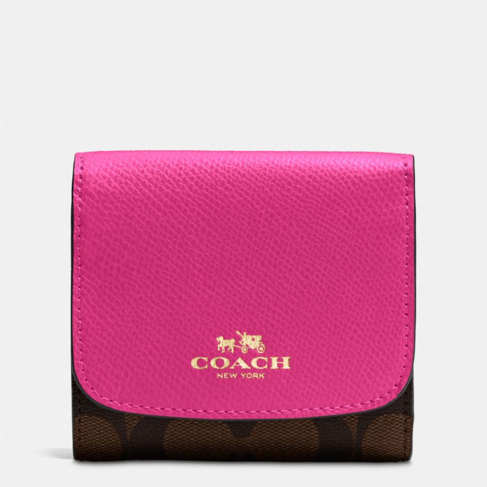 COACH F53837 Small Wallet In Signature IMITATION GOLD/BROWN/PINK RUBY