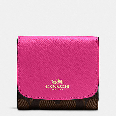 COACH f53837 SMALL WALLET IN SIGNATURE IMITATION GOLD/BROWN/PINK RUBY