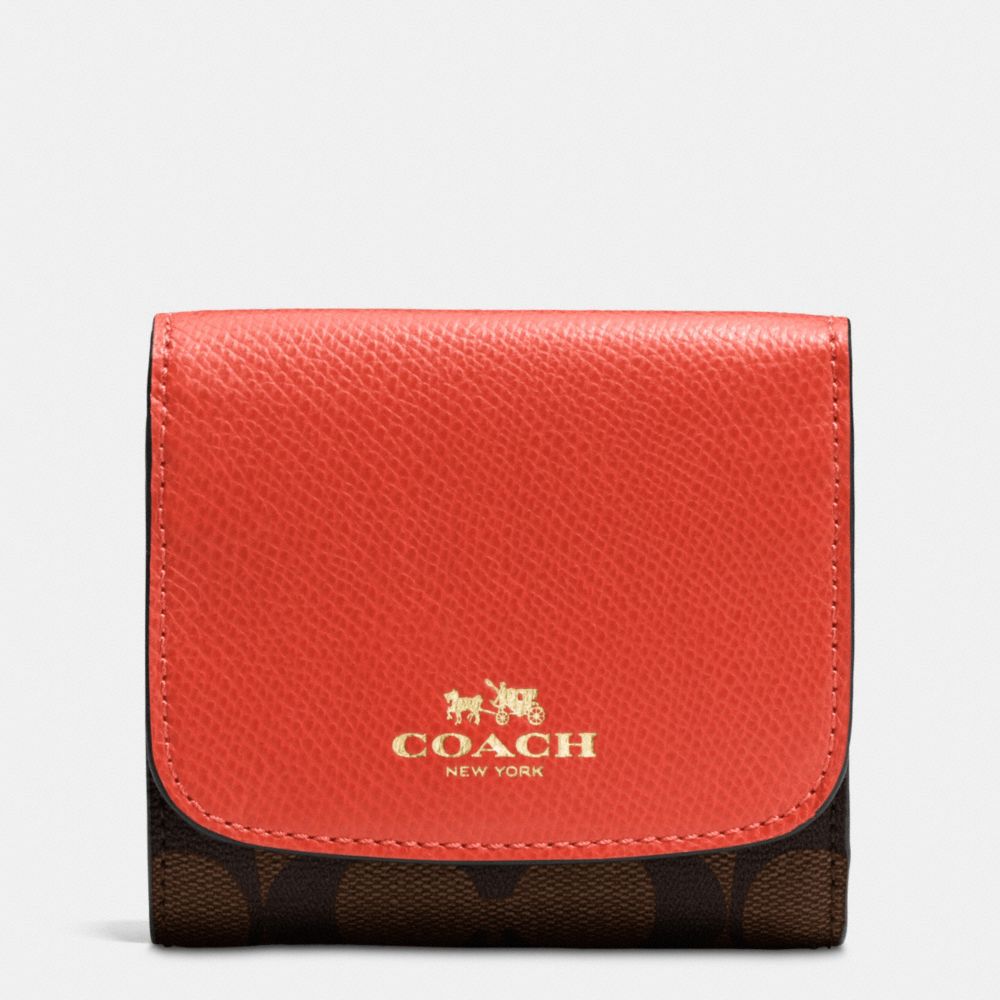 COACH F53837 Small Wallet In Signature IMITATION GOLD/BROWN/CARMINE