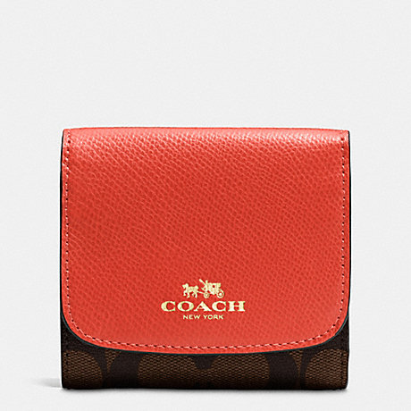 COACH f53837 SMALL WALLET IN SIGNATURE IMITATION GOLD/BROWN/CARMINE