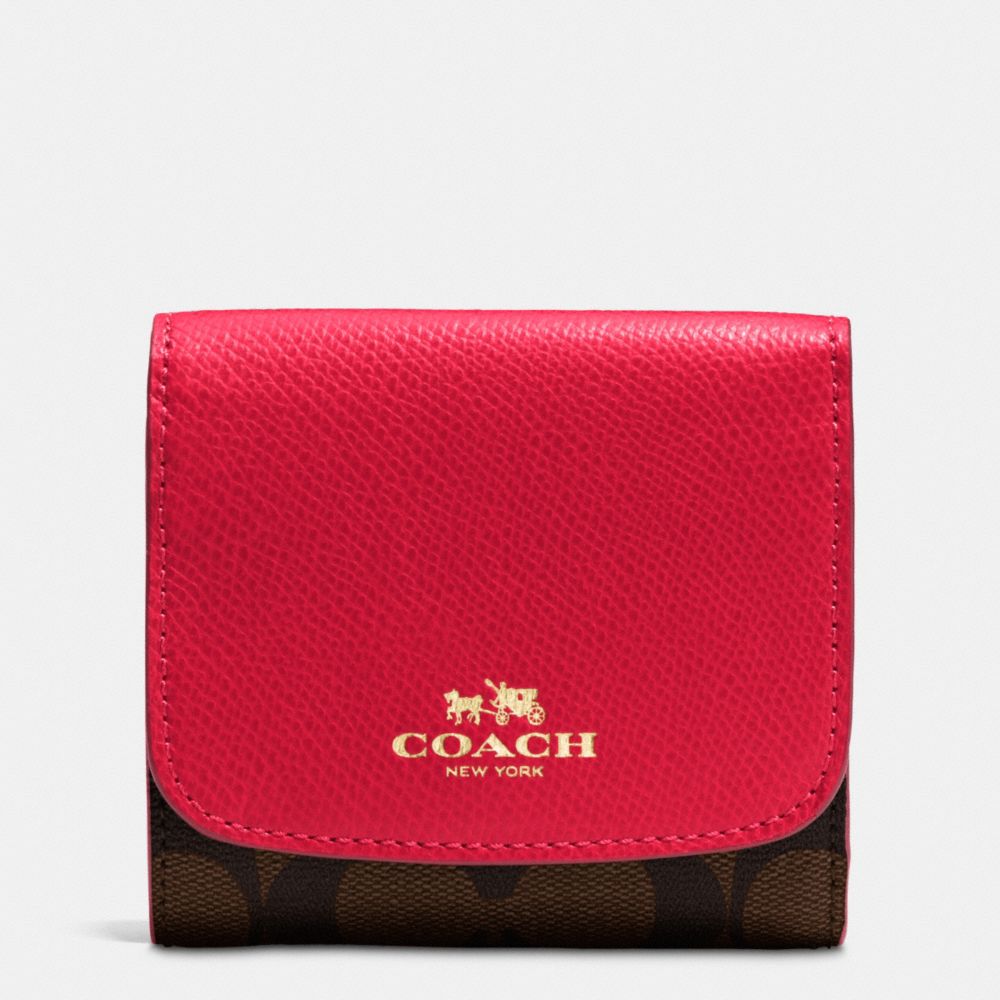 COACH F53837 Small Wallet In Signature IMITATION GOLD/BROWN TRUE RED