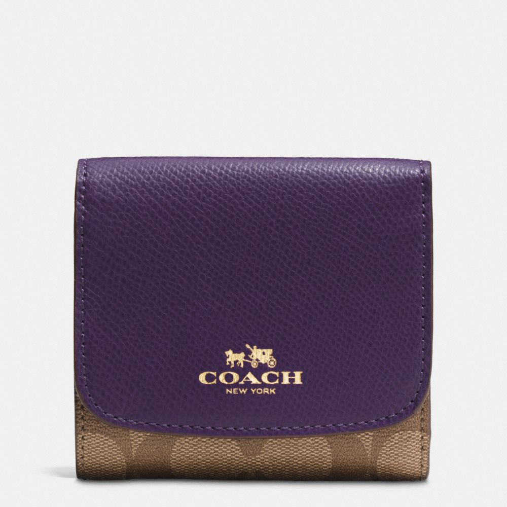 COACH SMALL WALLET IN SIGNATURE - IMITATION GOLD/KHAKI AUBERGINE - F53837