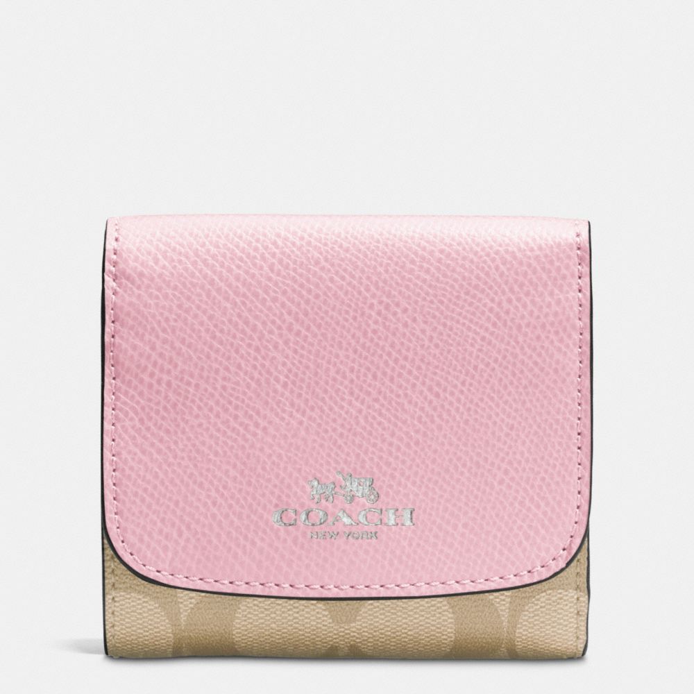 COACH F53837 Small Wallet In Signature SILVER/LIGHT KHAKI/PETAL