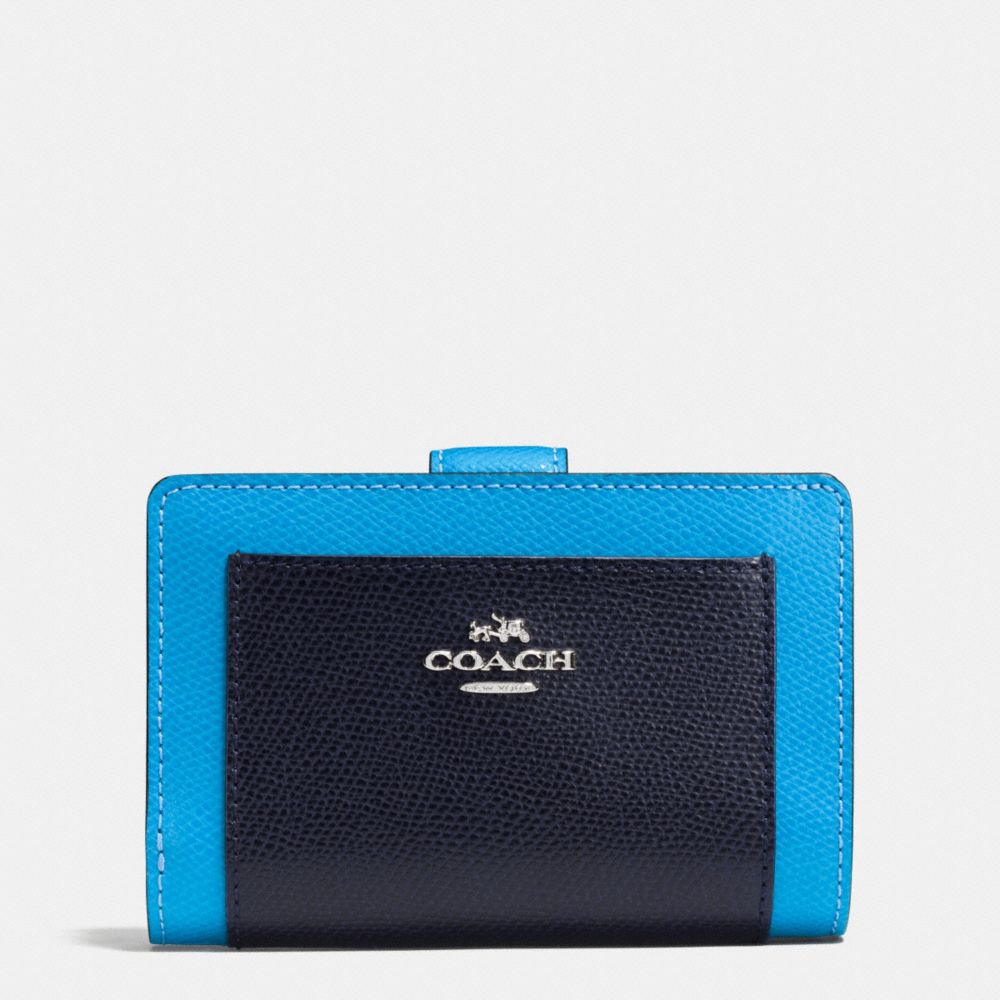 COACH f53839 MEDIUM CORNER ZIP WALLET IN COLORBLOCK CROSSGRAIN LEATHER SILVER/AZURE MULTI