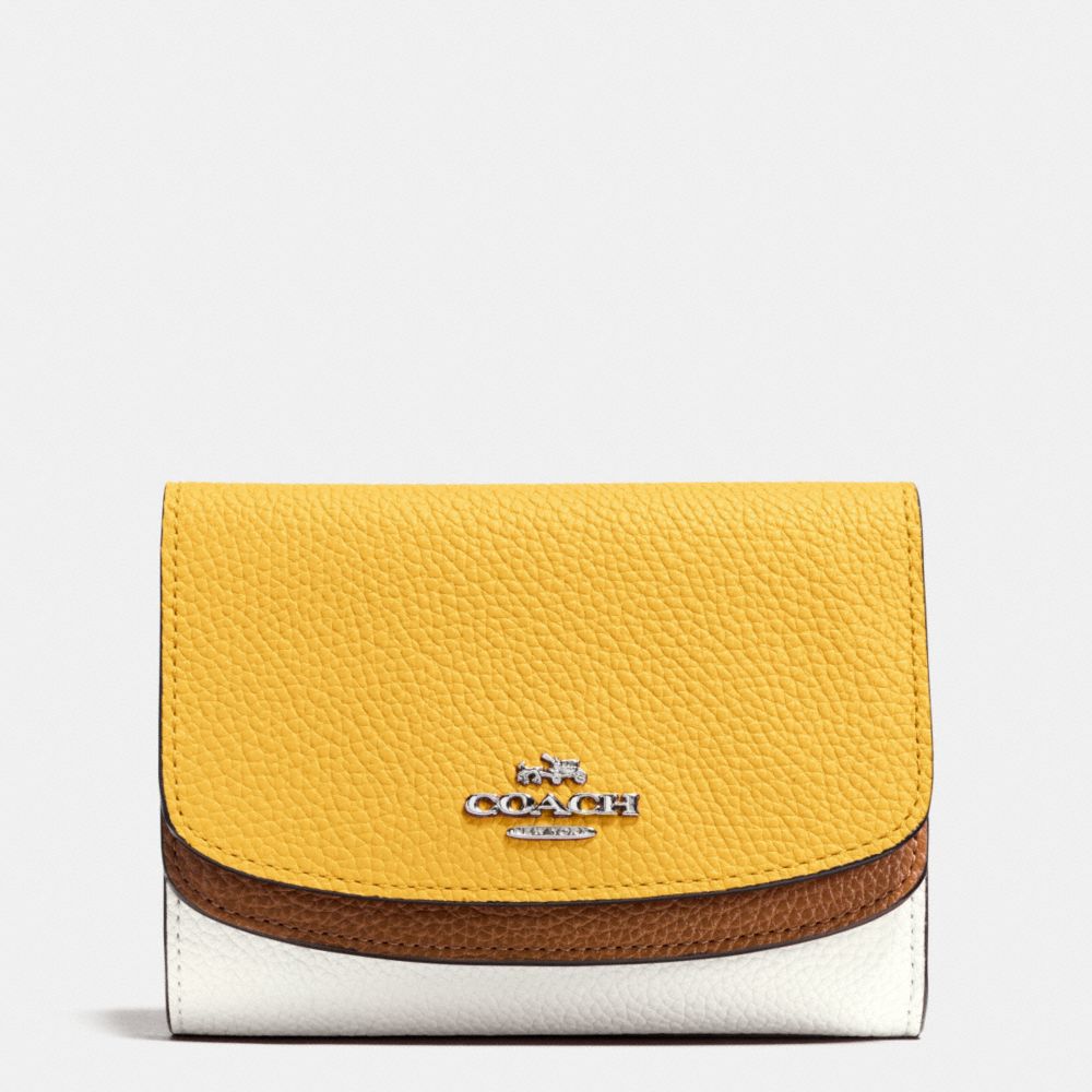 COACH f53852 MEDIUM DOUBLE FLAP WALLET IN COLORBLOCK LEATHER SILVER/CANARY MULTI