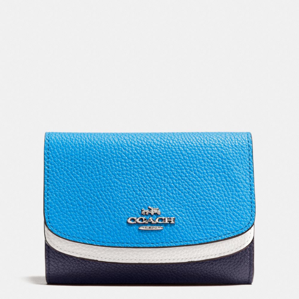 COACH f53852 MEDIUM DOUBLE FLAP WALLET IN COLORBLOCK LEATHER SILVER/NAVY MULTI