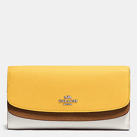 COACH f53858 DOUBLE FLAP WALLET IN COLORBLOCK LEATHER SILVER/CANARY MULTI